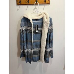 Lety Me Zola Blue Hooded Teddy Plush Sherpa Trim Faux Fur Cardigan Winter Chic